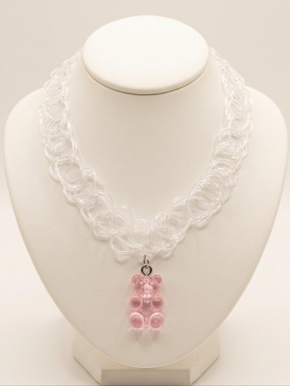 Clear Choker Necklace with Pink Gummy Bear Pendant - Women Jewelry